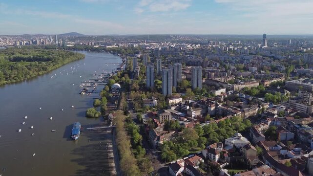 Drone view of Zemun municipality and Belgrade cityscape, capital of Serbia.