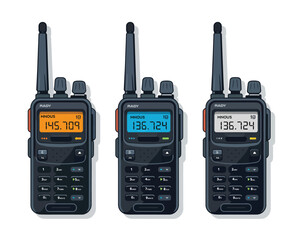 Walkie talkie radio devices illustration, group of assorted portable two way radio models representing handheld transceivers for wireless communication and security use. © Kayla Quentin