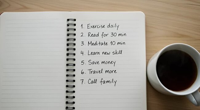 New Year's resolutions list in notebook with coffee cup