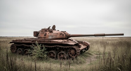 Fototapeta premium Rusty Abandoned Tank in Overgrown Field