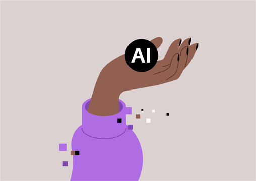 A glitching six-fingered hand holding an AI sign, parodying common image generation errors and highlighting the surreal imperfections often seen in AI-created visuals