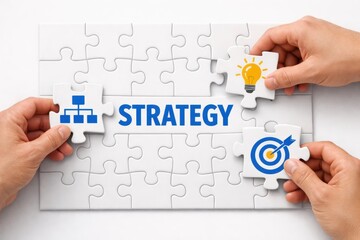 Obraz premium Strategic Vision: The image shows a set of hands meticulously assembling a puzzle that spells out the word strategy. The assembled pieces represent a cohesive plan.