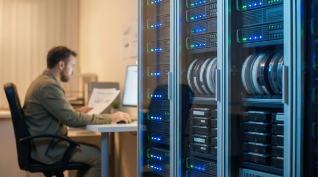 Focused medium shot of a privacy compliance system scanning data archives for retention violations with a softly blurred coworker reviewing reports nearby.
