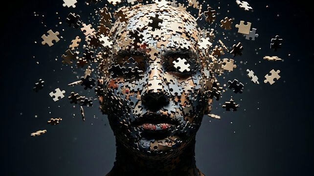 Fragmented jigsaw puzzle human head dissolving abstract portrait. 