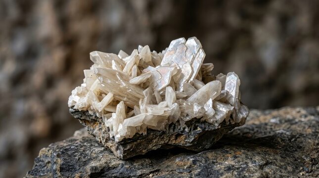 Close-up view of a striking baryte crystal specimen showcasing prismatic tabular formations on a rocky matrix