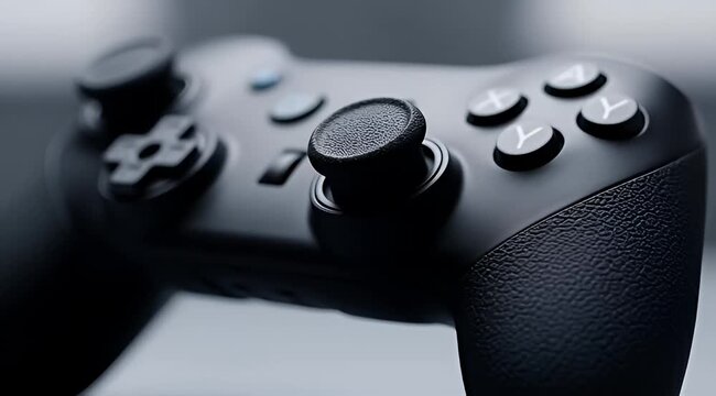 Close-up of a sleek black wireless video game controller with textured grips and illuminated buttons, perfect for gaming, technology, and entertainment content