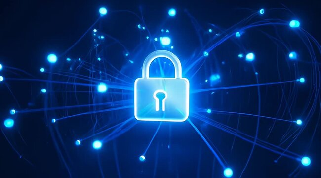 Digital security padlock icon glowing blue in a network of connected data points, representing cybersecurity, data protection, and secure online communication