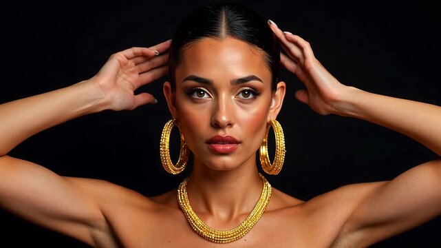 Woman wearing gold jewelry on black background