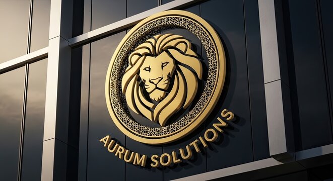 Golden lion logo on corporate building facade with aurum solutions text