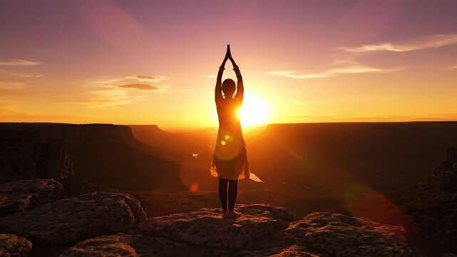 Silhouette of a person practicing yoga surya namaskar on a cliff at sunrise