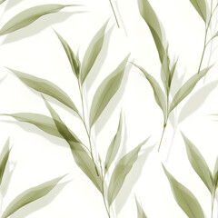 Fototapeta premium Abstract natural seamless pattern with pale green translucent leaves and branches on a white backdrop, delicate botanical pattern for design and decor textile or fabric.