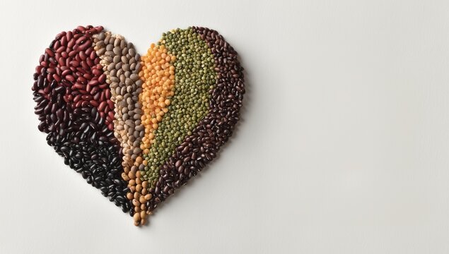 Heart Shaped Arrangement of Diverse Beans on White Background for Decorative and Design Use