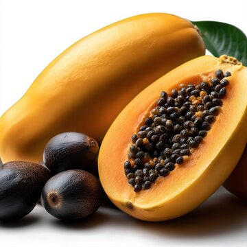 Fresh, ripe papaya and black sapote are beautifully arranged against a white background, showcasing their vibrant colors and textures, Ideal for food blogs, healthy eating promotions