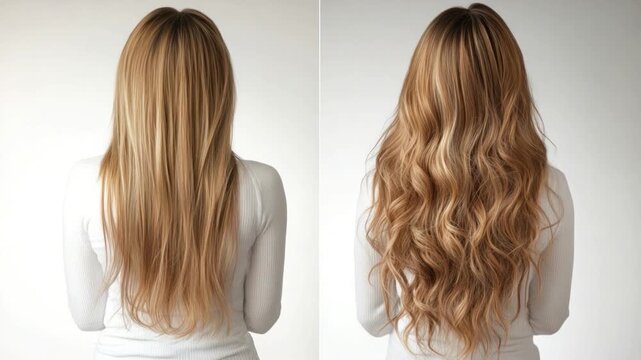 Two views of a person from the back; one with straight, the other with wavy hair. Both wearing white