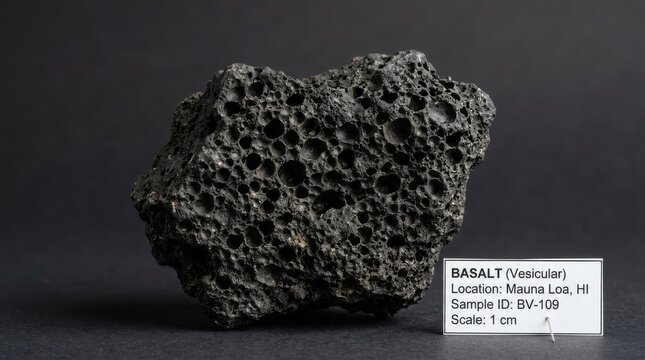 Close-up view of vesicular basalt rock with its unique porous texture, showcasing geological formation