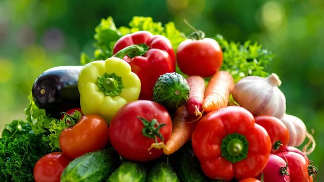 Assortment of fresh organic vegetables including red tomatoes bell peppers cucumbers and garlic in a sunny garden setting