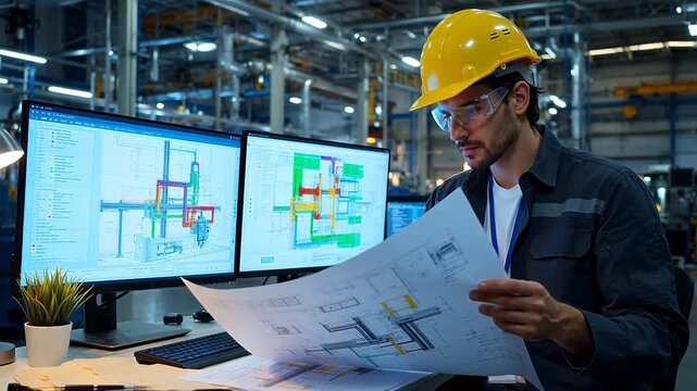 Engineer reviewing blueprints in industrial setting