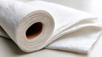 Fototapeta premium This stock photo features a roll of white paper towels partially unrolled, highlighting their soft texture, It is ideal for use in cleaning, home care, or kitchen supply promotions,