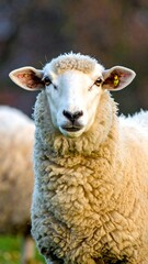 Fototapeta premium Up-close view of a sheep's face, fluffy white wool, yellow ear tag, blurred background
