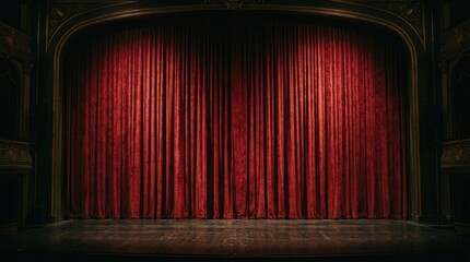 Crimson Velvet Stage Curtains and Wooden Floor in an Empty Theater Auditorium