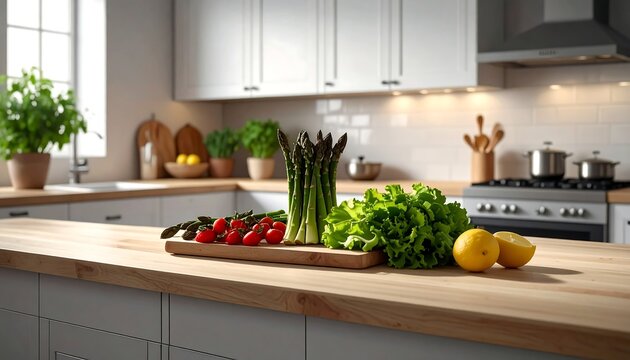 Bright kitchen counter with fresh produce tomatoes, asparagus, lettuce, lemon. White cabinets