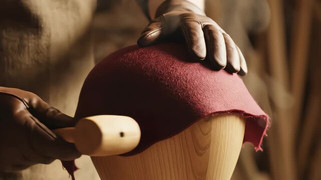Craftsman wearing leather gloves uses a wooden mallet to shape red felt over a hat block in a traditional workshop