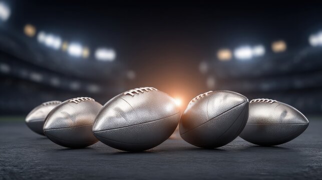 Metallic footballs glistening under stadium lights, ready for a thrilling game