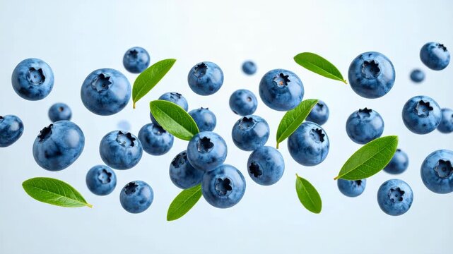 Fresh ripe organic blueberries and green leaves levitating in mid air on bright studio background