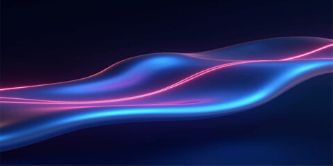 Fototapeta premium Vibrant Flow: Captivating digital rendering depicts fluid waves, bathed in a gradient of electric blue and radiant pink, against a deep, dark backdrop. The image conveys the essence of energy.