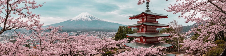 Obraz premium Cherry blossom panorama of Mount Fuji and pagoda surrounded by blooming pink sakura trees under a clear spring sky, perfect for Japanese travel and tourism promotion