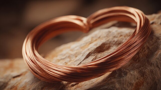 Close-up of Gleaming Copper Wire Forming an Abstract Heart Shape on a Textured Surface