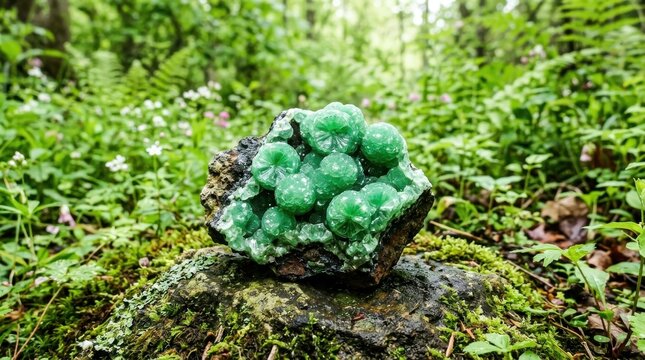Vibrant Green Wavellite Mineral Cluster with Globular Formations Amidst Lush Forest Scenery