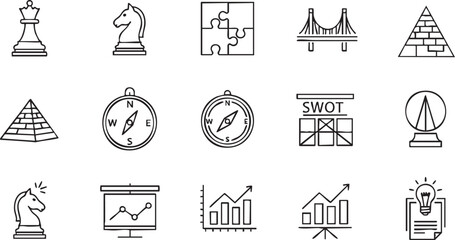 Chess pieces, compasses, bridge, pyramid, S W O T analysis, graphs, and lightbulb © Mollah