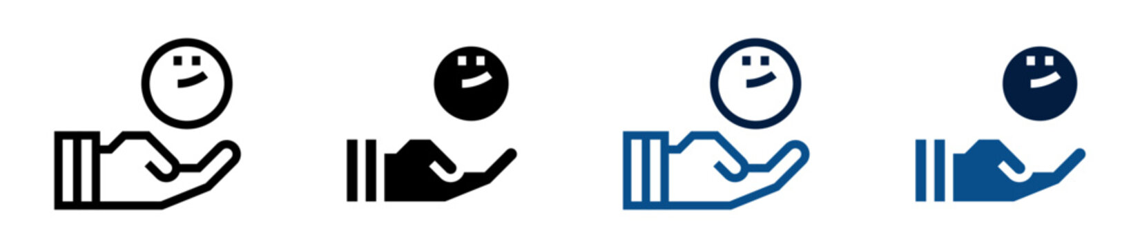 Iconos de felicidad. Mano sosteniendo una cara feliz. Alegr&iacute;a, optimismo, bienestar emocional, actitud positiva. Ilustraci&oacute;n vectorial