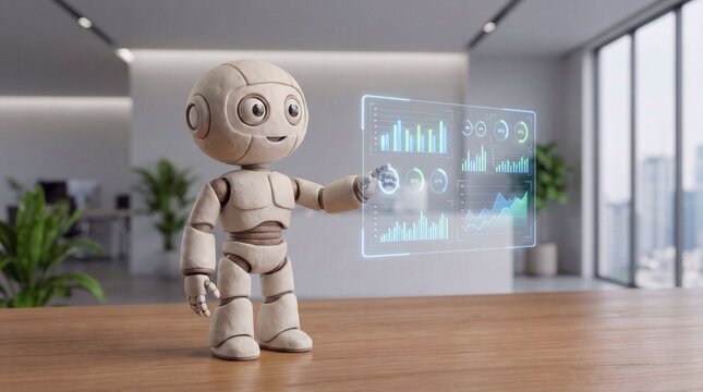 Robot Presenting Digital Data Analytics on a Holographic Screen in Modern Office