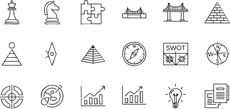 Chess pieces, puzzle, bridge, pyramid, compass, charts, light bulb, documents, and other symbols