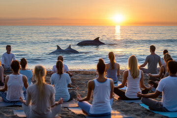 Fototapeta premium Group Meditation at Sunset on the Beach with Dolphins
