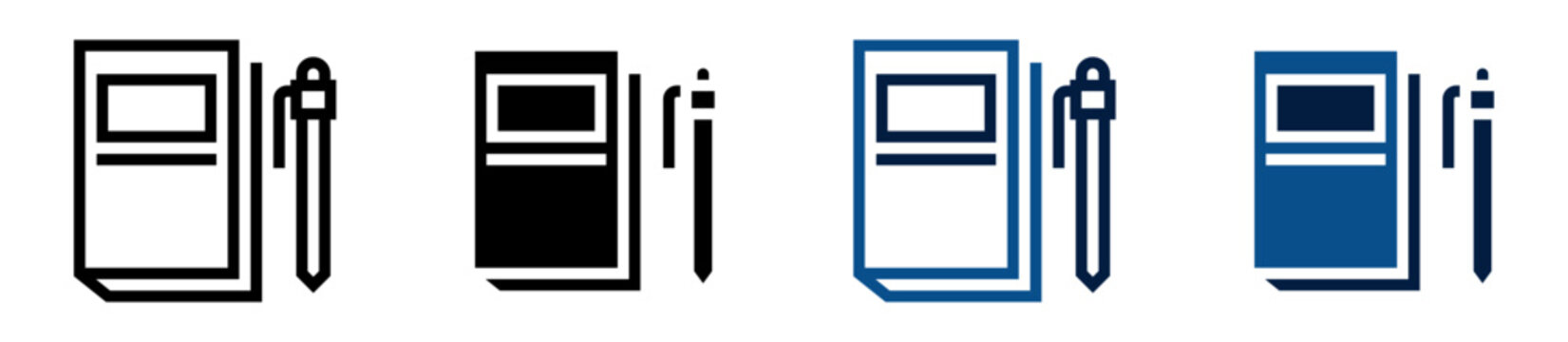 Iconos de cuaderno. Libreta con bol&iacute;grafo para escritura, notas escolares, estudio acad&eacute;mico, registro de informaci&oacute;n. Ilustraci&oacute;n vectorial