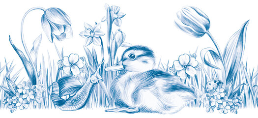 Vintage hand-drawn illustration of a cute duckling with a snail among spring flowers and grass. Blue monochrome pencil style artwork perfect for Easter cards, seasonal design, nursery art and prints. © Elena