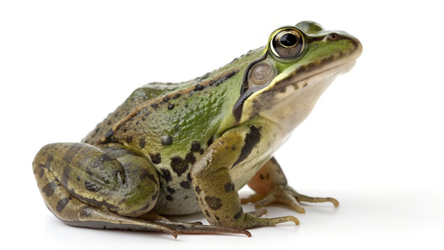 A green frog sitting on a white background looking upwards