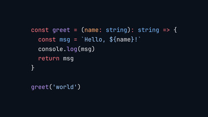 Javascript Hello World Function. Modern Developer Programmer Screen with Computer Programming Language Code with Color Syntax Highlighting. Vector Illustration.a