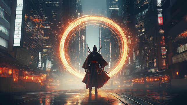 Samurai Warrior Standing before a Glowing Digital Portal in a Neon Cyberpunk City Street