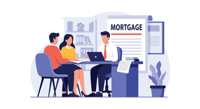 Flat vector illustration of couple consulting loan officer in bank office about mortgage financing. Financial advice, home loan approval and property investment concept