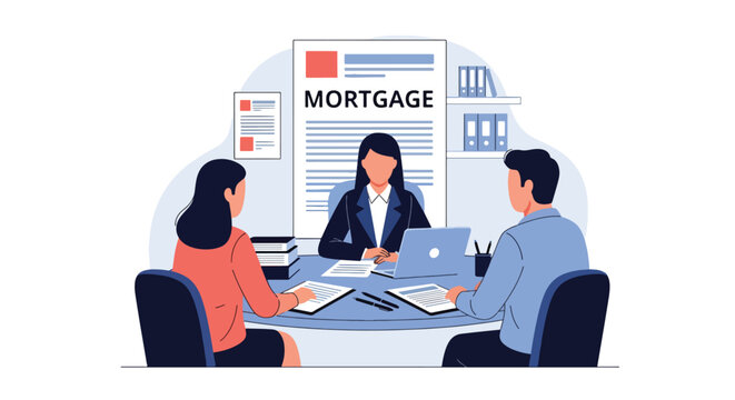 Flat vector illustration of couple consulting loan officer in bank office about mortgage financing. Financial advice, home loan approval and property investment concept