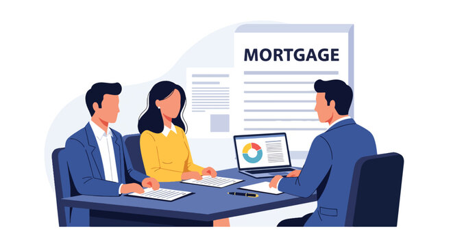 Flat vector illustration of couple consulting loan officer in bank office about mortgage financing. Financial advice, home loan approval and property investment concept