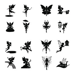 Fototapeta premium Collection of magical fairy silhouettes in various poses and activities.