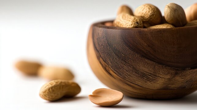 A rustic wooden bowl filled with unshelled peanuts, surrounded by a few scattered peanuts, perfect for food-related content, recipes, or packaging ideas promoting healthy snacking,