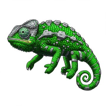 Detailed Pixel Art of Green Chameleon with Gray Scales on a White Background
