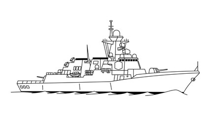 Fototapeta premium Outline Drawing of a Modern Warship Destroyer with Guns and Radar