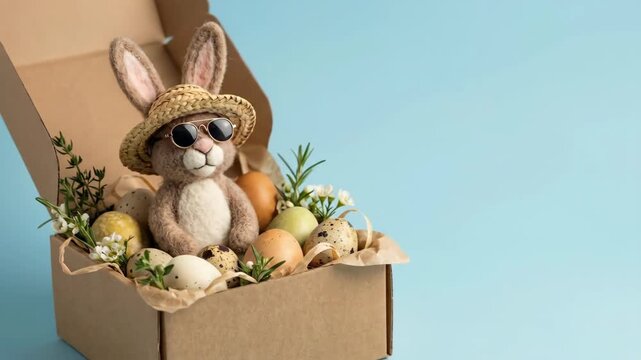 Felt Easter Bunny Toy with Sunglasses in Box of Eggs on Blue Background